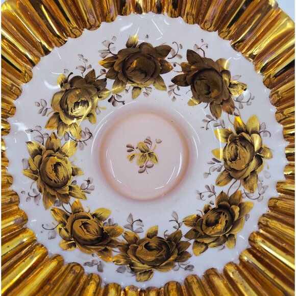 Victorian era Gold & White Hand-Painted Glass Bowl With Floral Design & Scallope - Picture 2 of 5
